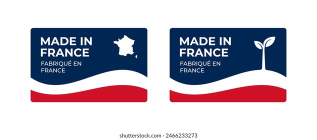 Conjunto de pegatinas rectangulares Made in France con mapa y bandera de Francia aisladas sobre fondo blanco. Anuncio, signo, Plantilla. Ilustración vectorial