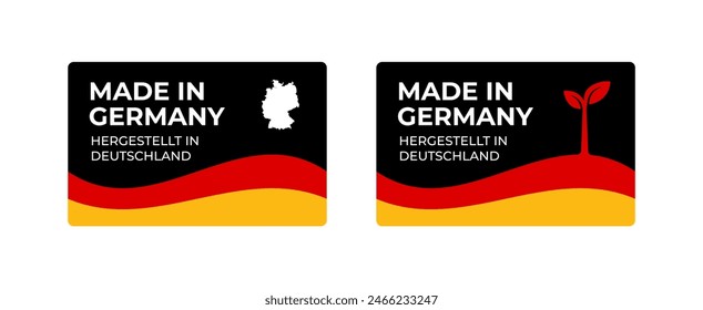 Conjunto de pegatinas rectangulares Made in Germany con un mapa y una bandera de Alemania aislados sobre un fondo blanco. Anuncio, signo, Plantilla. Ilustración vectorial