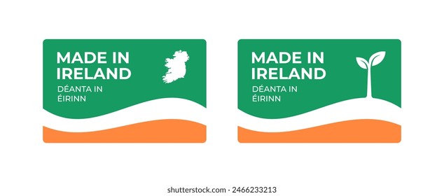 A set of rectangular Made in Ireland label stickers with a map and flag of Ireland isolated on a white background. Banner, sign, template. Vector illustration