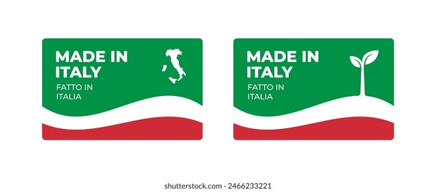 A set of rectangular Made in Italy label stickers with a map and flag of Italy isolated on a white background. Banner, sign, template. Vector illustration