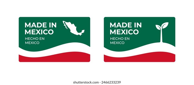 A set of rectangular Made in Mexico label stickers with a map and flag of Mexico isolated on a white background. Banner, sign, template. Vector illustration