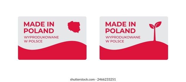 A set of rectangular Made in Poland label stickers with a map and flag of Poland isolated on a white background. Banner, sign, template. Vector illustration