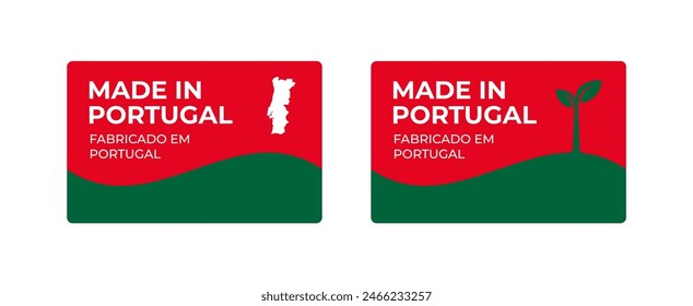 A set of rectangular Made in Portugal label stickers with a map and flag of Portugal isolated on a white background. Banner, sign, template. Vector illustration