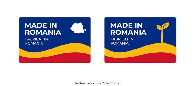 A set of rectangular Made in Romania label stickers with a map and flag of Romania isolated on a white background. Banner, sign, template. Vector illustration