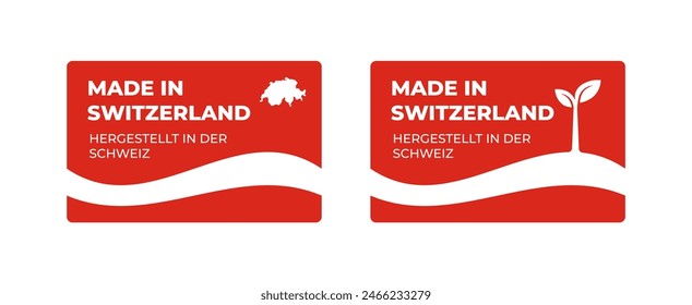 A set of rectangular Made in Switzerland label stickers with a map and flag of Switzerland isolated on a white background. Banner, sign, template. Vector illustration