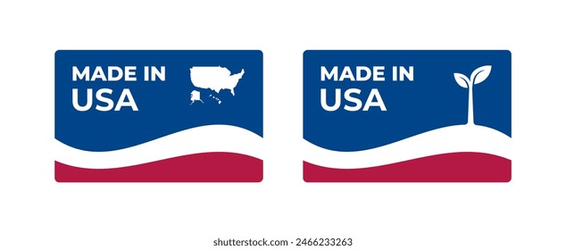 A set of rectangular Made in USA label stickers with a map and flag of USA isolated on a white background. Banner, sign, template. Vector illustration