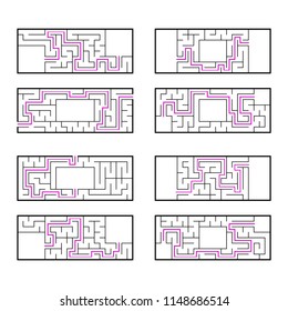 A set of rectangular mazes for children. A puzzle game. Simple flat vector illustration isolated on white background. With the correct answer