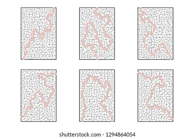 A set of rectangular mazes. Game for kids. Puzzle for children. Labyrinth conundrum. Flat vector illustration isolated on white background. With answer.
