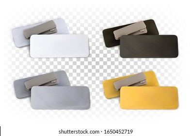 Conjunto de placas de identificación rectangulares de metal sobre un imán de color dorado, plateado, negro y blanco. Vector 3d ilustración realista de la placa para identificar un nombre, empresa, logotipo.