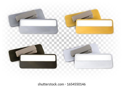 Conjunto de placas de identificación rectangulares de metal con espacio blanco vacío para texto, logotipo, nombre en color dorado, plata, negro y blanco. El Vector 3d de negocios realista se burla.