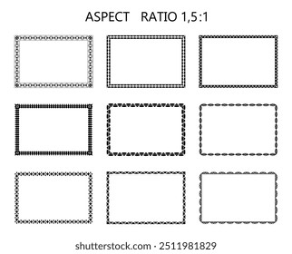 Conjunto de quadros pretos minimalistas retangulares isolados sobre fundo branco. Simples estilo lacônico. Bordas para design de cartões de visita, banners, mensagens de texto, impressão em papel. Ilustração vetorial