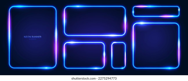 A set of rectangular neon frames with rounded edges with radiance effects, highlights on a dark background. Futuristic modern neon glowing banners. Vector illustration.