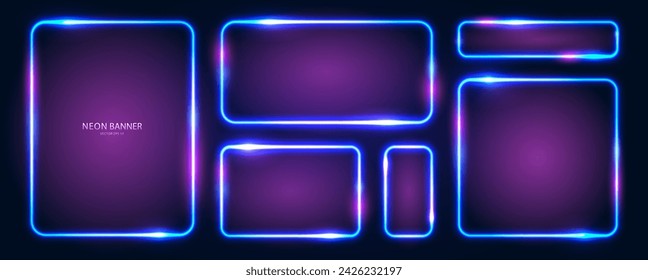 Conjunto de marcos de neón rectangulares con bordes redondeados con efectos de luminosidad, resaltados sobre un fondo oscuro. Banderas futuristas modernas brillantes de neón. Vector EPS 10.