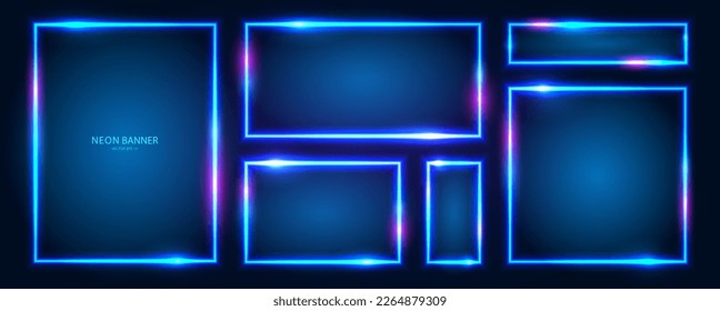 A set of rectangular neon frames with shining effects, highlights on a dark background. Futuristic modern neon glowing banners. Vector EPS 10.