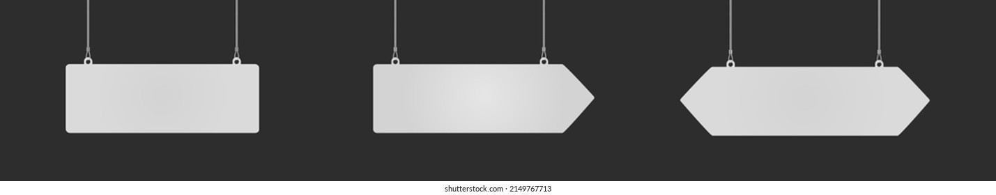 Conjunto de rectángulos rectangulares, de un lado y doble flecha colgando de la maqueta realista del techo. Modelo de puntero de promoción de publicidad para anuncio de venta de supermercados. vector de etiqueta de almacén de centros comerciales