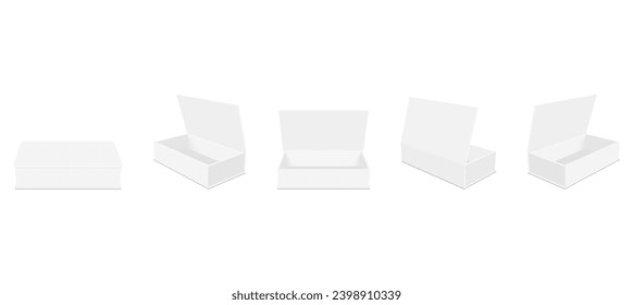 Set Of Rectangular Packaging Boxes With Lid, Front, Side, Back View, Opened, Closed Mockup, Isolated On White Background. Vector Illustration