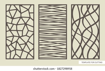 Set of rectangular panels with an abstract geometric pattern of straight and wavy lines. Template for plotter laser cutting (cnc), wood carving, metal engraving, paper cut. Vector illustration. 