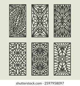 Set of rectangular panels. Decorative element with a geometric pattern of lines. Openwork ornament. Ratio 2:1. Vector template for plotter laser cutting of paper, wood carving, metal engraving, cnc.
