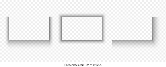 Satz von rechteckigen Papierseiten- oder Verpackungskastenschatteneffekten. Unscharfe graue Formen. Rechteck und Ecktöne isoliert auf transparentem Hintergrund. Vektorgrafik realistische Darstellung.