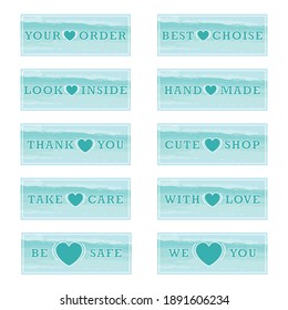 Set of rectangular paper stickers for the store, sale of goods, hand-made, for buyers, for clients. Cute turquoise blue green stickers for product packaging with hearts and watercolor effect