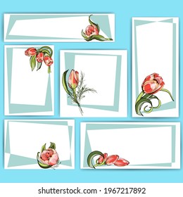 A set of rectangular postcards in different formats.Six of them. Vector drawing. A gift for your loved ones and loved ones.Mother's Day, March 8, Easter, wedding, St. Valentine. Framed tulips.