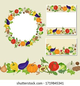 Set of rectangular, round frames and seamless brush made of vegetables for your design or use.