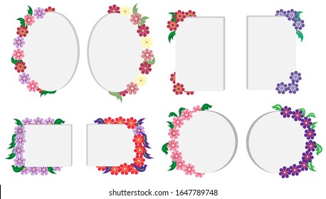 A set of rectangular, round and oval frames decorated with multicolored flowers. Vector illustration, isolated background