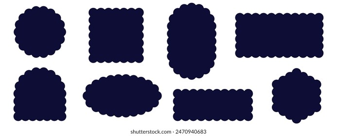 Set of rectangular, round, oval and square scalloped frames. Zig zag Wavy Edge. Abstract elements for tag, stickers. Vector illustrations set isolated on white background.