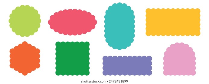 Set of rectangular, round, oval and square color scalloped frames. Zig zag Wavy Edge. Abstract elements for tag, stickers. Vector illustrations set isolated on white background.