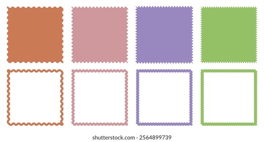 Set of rectangular, round, oval and square frames. Zig zag Wavy Edge. Abstract elements for tag, stickers. Vector illustrations set isolated on white background.