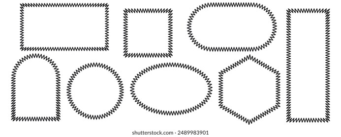 Conjunto de marco ondulado y festoneado rectangular. Pop vintage groovy borde. Ilustración vectorial sobre fondo blanco