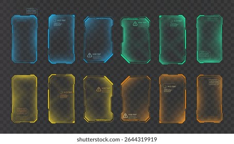 Set of rectangular sci-fi interface frames with backlight for HUD design. Used in UI, games and techno animation.