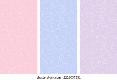 Set of rectangular seamless patterns. Thin white lines, chaotic waves, loops, curls on light blue, pink, purple background. Bi-colour sleek design. Vector texture for wallpaper, fabric, wrapping paper