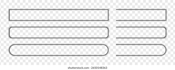 Set of rectangular shadow effects. Different blurred soft shapes. Web buttons, tabs or banners shades isolated on transparent background. Vector realistic illustration.