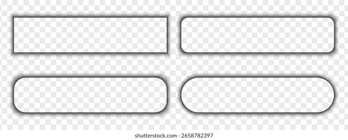 Set of rectangular shadow effects with rounded corners. Different blurred soft shapes. Web headlines, buttons, tabs or banner shades isolated on transparent background. Vector realistic illustration.