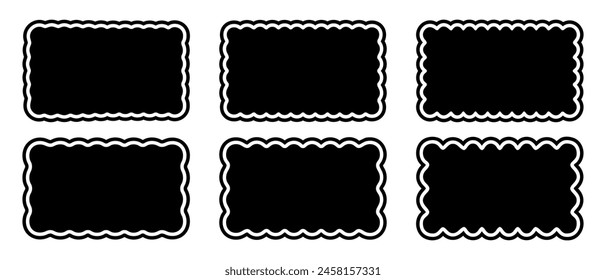 Set or rectangular shapes with scallop borders. Tags or labels, stickers or stamps, highlight or banner rectangle boxes with wavy edges isolated on white background. Vector graphic illustration.