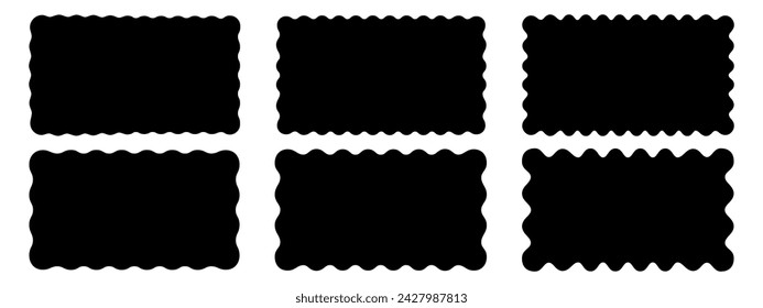 Set or rectangular shapes with squiggly borders. Tags, labels, stamps, crackers, coupons rectangle boxes with curvy, wiggly, wavy edges isolated on white background. Vector flat illustration.