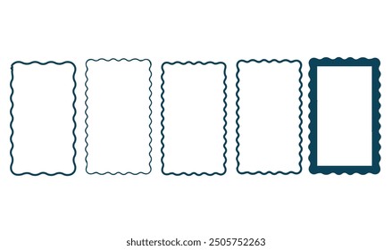 Set or rectangular shapes with squiggly borders. Tags, labels, stamps, crackers, 
coupons rectangle boxes with curvy, wiggly, wavy edges isolated on white background.
Set or rectangular shapes