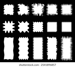 Definir ou formas retangulares com bordas irregulares. Etiquetas, etiquetas, carimbos, biscoitos, cupons retângulo caixas com curvas, ondulado, ondulado bordas isoladas no fundo branco. Ilustração plana vetorial.