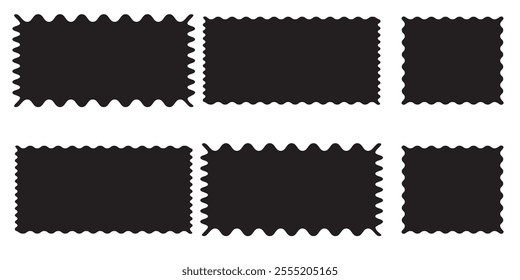 Set or rectangular shapes with squiggly borders. Tags, labels, stamps, crackers, coupons rectangle boxes with curvy, wiggly, wavy edges isolated on white background. Vector flat illustration.