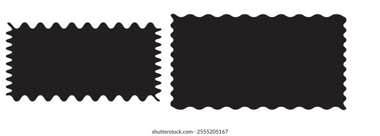 Set or rectangular shapes with squiggly borders. Tags, labels, stamps, crackers, coupons rectangle boxes with curvy, wiggly, wavy edges isolated on white background. Vector flat illustration.