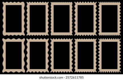 Set or rectangular shapes with squiggly borders. Geometric zig zag wavy stickers. Best frame for your design.  Picture or photo frames, empty text boxes, tags, labels isolated on white background