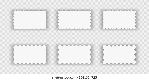 Set or rectangular shapes with squiggly borders and shadows. Tags, cards, labels or coupons templates with scalloped edges and shades isolated on white background. Vector realistic illustration.