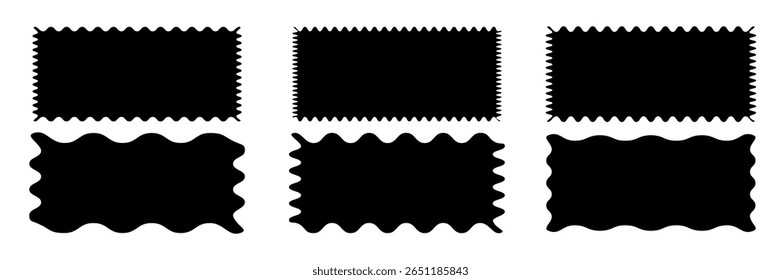 Definir ou formas retangulares com bordas irregulares. Etiquetas, etiquetas, carimbos, biscoitos, cupons retângulo caixas com curvas, ondulado, ondulado bordas isoladas no fundo branco. Ilustração plana vetorial.
