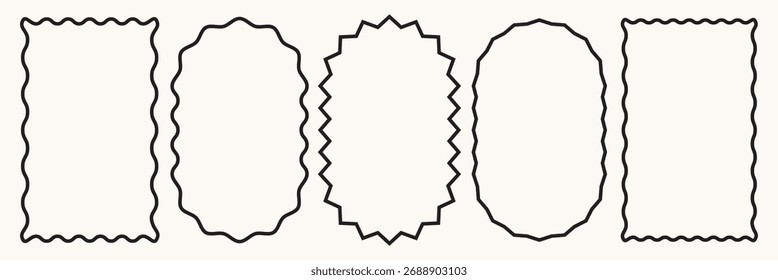 Set of rectangular shapes with squiggly borders. Rectangle frames with wavy edges. Picture or photo frames, empty text boxes, tags, labels isolated on white background. Vector graphic illustration.