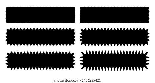 Set or rectangular shapes with wavy borders. Tags or labels, stickers or stamps, highlight rectangle boxes with curvy wiggly edges isolated on white background. Vector graphic illustration.