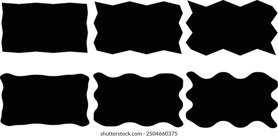 Set or rectangular shapes. Wavy edges rectangular shape isolated on white background. Curve borders, tags, labels, rectangle boxes shape vector illustration. Rectangle shape frames with zigzag edge