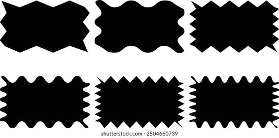 Set or rectangular shapes. Wavy edges rectangular shape isolated on white background. Curve borders, tags, labels, rectangle boxes shape vector illustration. Rectangle shape frames with zigzag edge