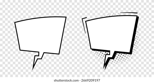 A set of rectangular speech bubble templates with a shadow of semitones on a transparent background. Vintage pop art style design. Vector illustration.