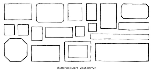 Set of rectangular, square, diamond-shaped frames with rough straight lines, hand-drawn with black marker of various shapes and sizes. Vector illustration on white isolated background.